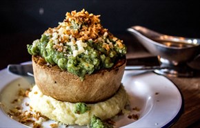 Pieminister - pie on a plate with mashed potato and mushy peas - Mothership
