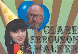 a photo edit of Clare Ferguson - Walker. She is wearing a clown hat> robin Ince's face is edited into 2 blue balloons.
