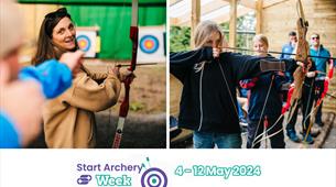 One photo shows a women getting ready to shot an arrow on an archery range and looking back to instructor for guidance, instructor in shot blurred out