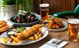 Pub dishes - fish and chips, mussels