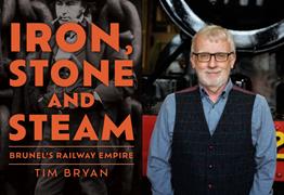 A man smiling at the camera next to a book cover featuring the words 'Iron, Stone and Steam'