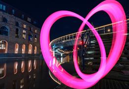 Bristol Light Festival pink heart 'painted' in light in front of Castle Bridge