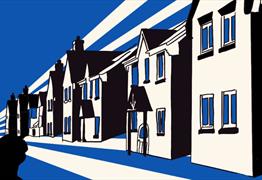 A blue and white drawing of a street