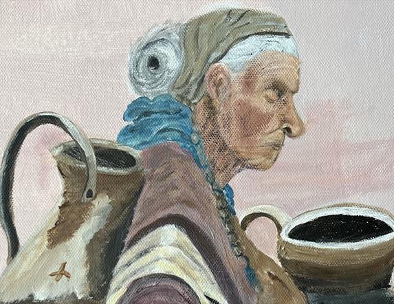 Painting of an old woman carrying large ceramic jars.