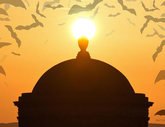 A photograph of Mussenden Temple at twilight with some superimposed generated bat images.