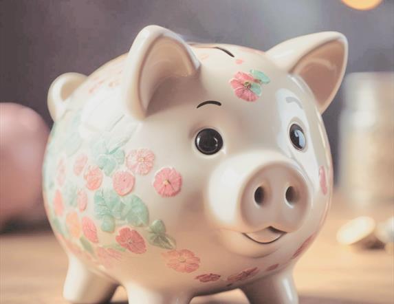 A ceramic piggy bank decorated with small flower engravings.