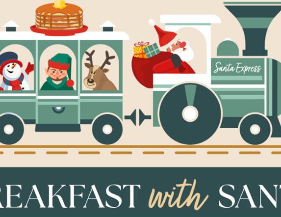 illustration on Santa in a train pulling a container with a snowman, elf and reindeer. text reads 'Breakfast with Santa'
