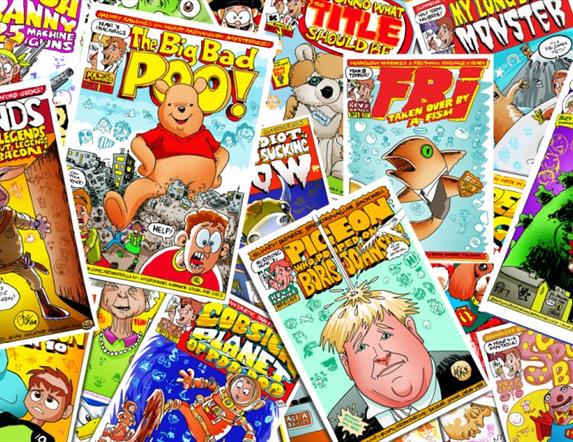 A bright array of various comic book covers.