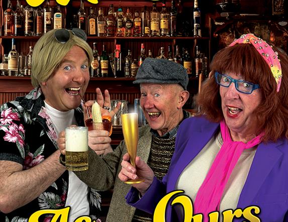 three characters from 'After Ours' play pose in front of a bar holding up glasses of drinks