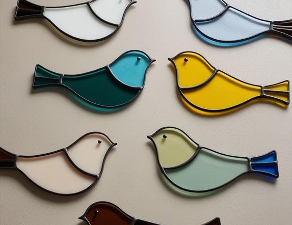 A collection of glass birds, all of varying colours.