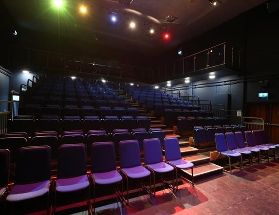 Flowerfield auditorium with tiered individual blue seats