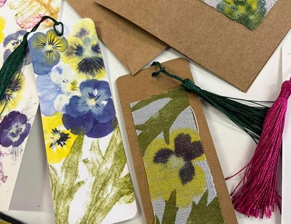 Hapazome bookmarks featuring flowers and leaves