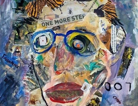 A mixed media piece of art with multiple different elements colliding with each other to form a human face.
