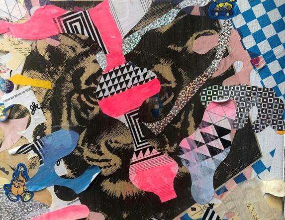 A colourful mixed media collage piece of artwork