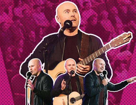 collage style promotional graphic for Paddy Raff, featuring Paddy with a guitar and microphone in various poses.