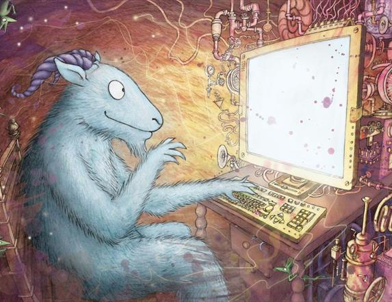 Illustration of a cartoon Pooka at a computer screen