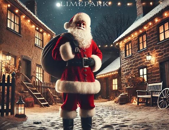 Santa stands on a cobbled street at night, with a light dusting of snow on the ground and a string of fairy lights draped between cosy houses