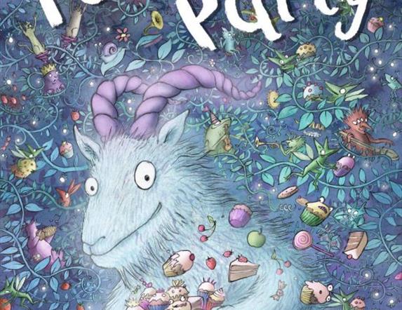 An illustration from The Pooka Party,  featuring the titular goat-like creature and a bowl of cupcakes.
