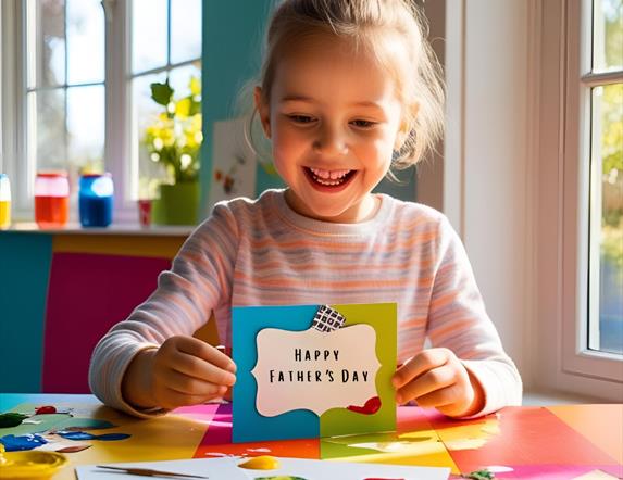 A young girl beams at her handmade father's day card.