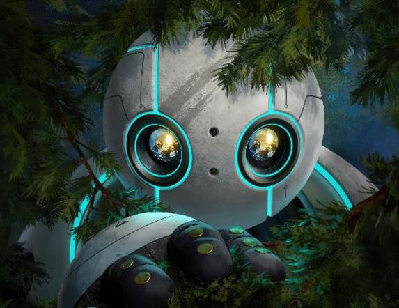 screen shot of the roboto in among some trees. cartoon image.