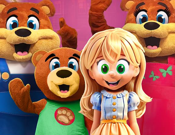 Graphic showing image of 3 characters in bear costumers and 1 in a goldilocks costume, smiling and waving.