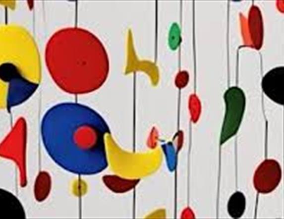 A mobile of various colourful shapes and abstract hanging decorations.