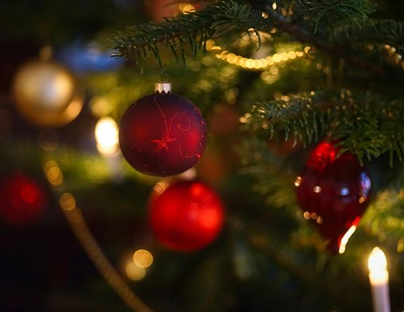 red and gold christmas baubles hanging on a tree