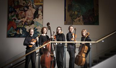 A group of orchestral musicians holding their instruments and standing in a line on a staircase.