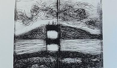 Black and white Printed image of a tower and a mountain.