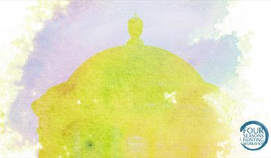 An edited image which features the dome of Mussenden Temple in the style of a colourful painting.