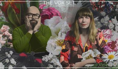 A poster for the Darkling Air's Vox Set concert at Mussenden Temple. A bespectacled man sits on the left, and a woman with a colourful patchwork shirt