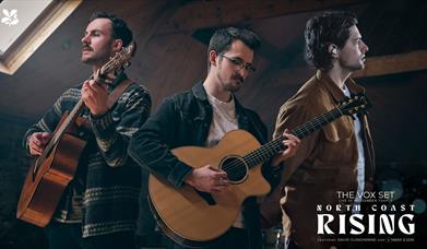 A photograph of David Glendinning and Many a Son, with two members playing guitar. 