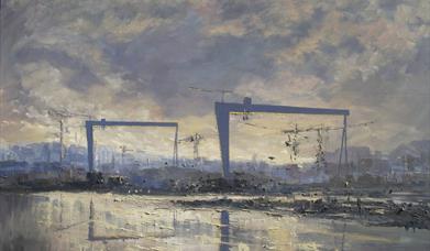 artist Hugh McElwee's painting of the Harland & Wolff cranes in Belfast, Northern Ireland