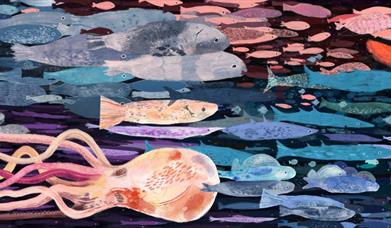 a painting of many colourful fish and a squid from the sea we share exhibition