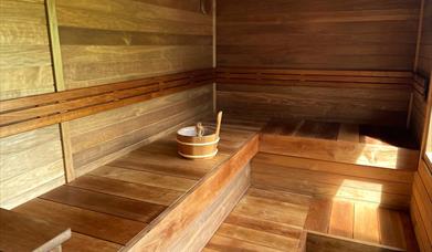 Interior of a wood-fired sauna