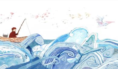 an illustration of a fisherman on a rowboat amidst the waves
