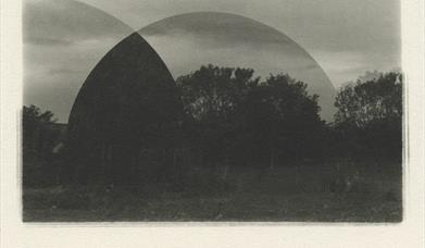 a black and white image of a field with trees, with two dome shaped overlays overlapping each other 