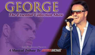 Image of a man singing into a microphone on a stand . The man is wearing a blue suit jacket, a white shirt and sunglasses.