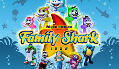 The Family Shark Show cartoon characters - 5 brightly coloured sharks, a green alligator, blue sealion, blue mermaid, purple octopus and a blue/yellow