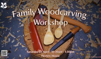 Woodworking tools set upon a tree stump, with wood shavings scattered across the floor and overriding text stating, 'Family Woodcarving Workshop, Satu
