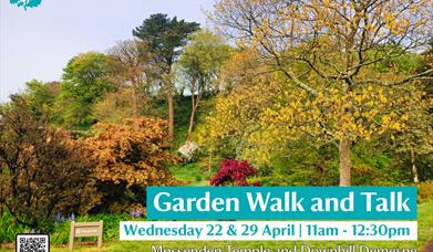 A promotional poster for a “Garden Walk and Talk” event at Mussenden Temple and Downhill Demesne. The background shows the vibrant spring Bog Garden w