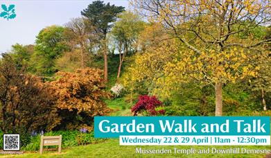 Flowers in spring bloom in the Bog Garden of the Bishop's Gate Arboretum. Text stating 'Garden Walk and Talk, Wednesday 22 & 29 April, 11am - 12:30pm