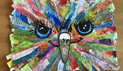 close up of a large collage bird piece. 