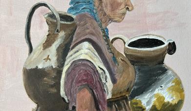 Painting of an old woman carrying large ceramic jars.