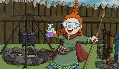 cartoon image of a red haired character dressed in a long robe holding scientific equipment. 