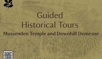 A promotional poster with a sepia-toned background featuring a faint historic-style landscape sketch of Downhill Demesne. Centered large text reads “G