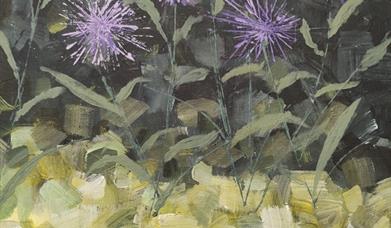 A painting of purple flowers. 