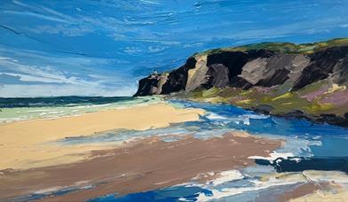 a painting of a breach with a cliff in the background