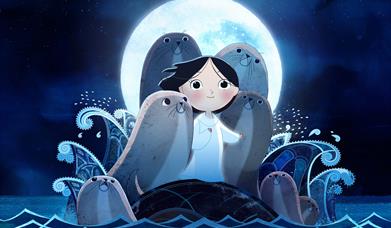Illustration of  a  young child dressed in white with 4 seals around her, standing in front of a background with waves and spirits