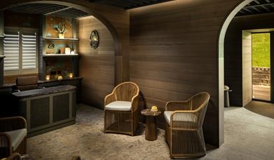 wooden chairs in the reception area of Dunluce Lodge Spa
